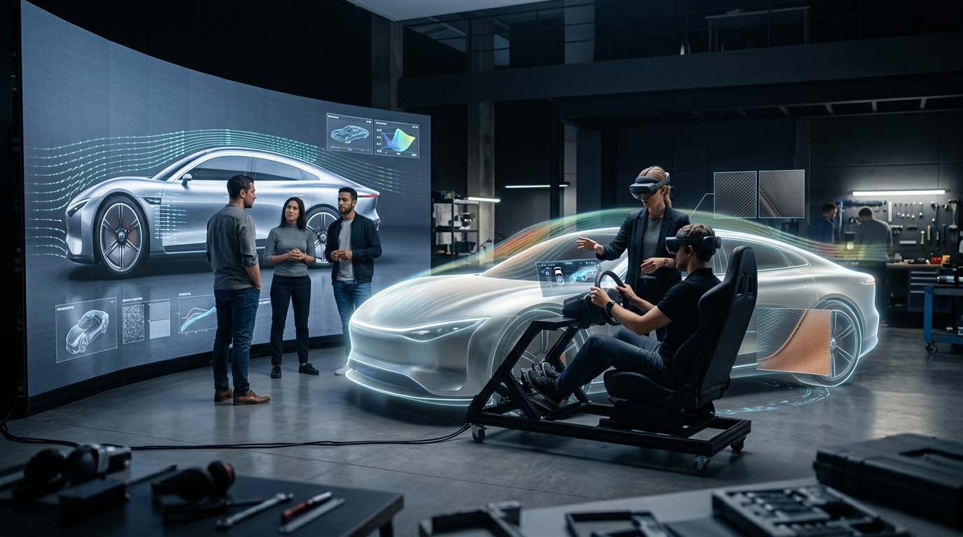 Automotive designers reviewing a vehicle digital twin with mixed reality