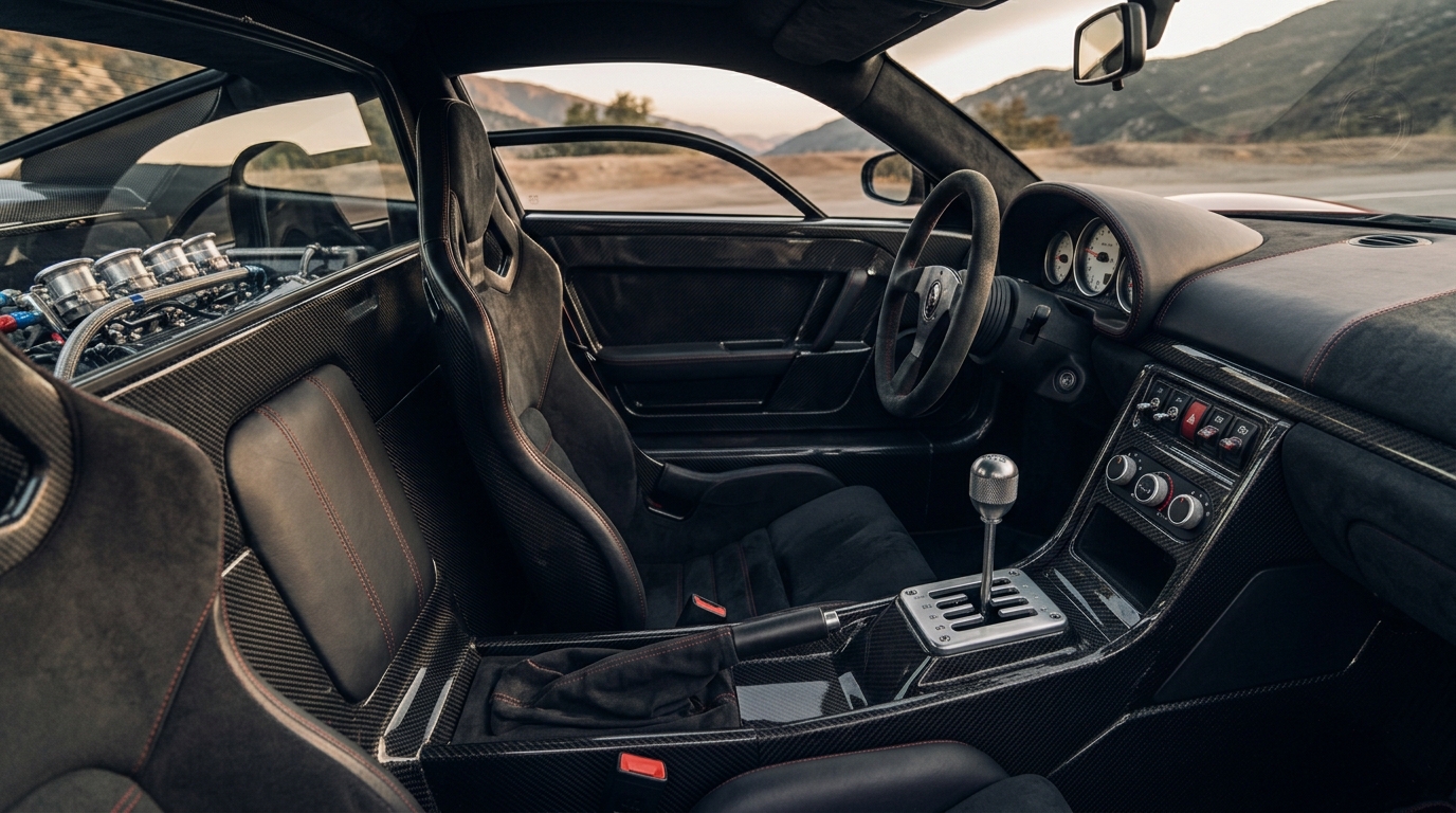 Gated manual gearbox and V12 engine in a modern analogue supercar