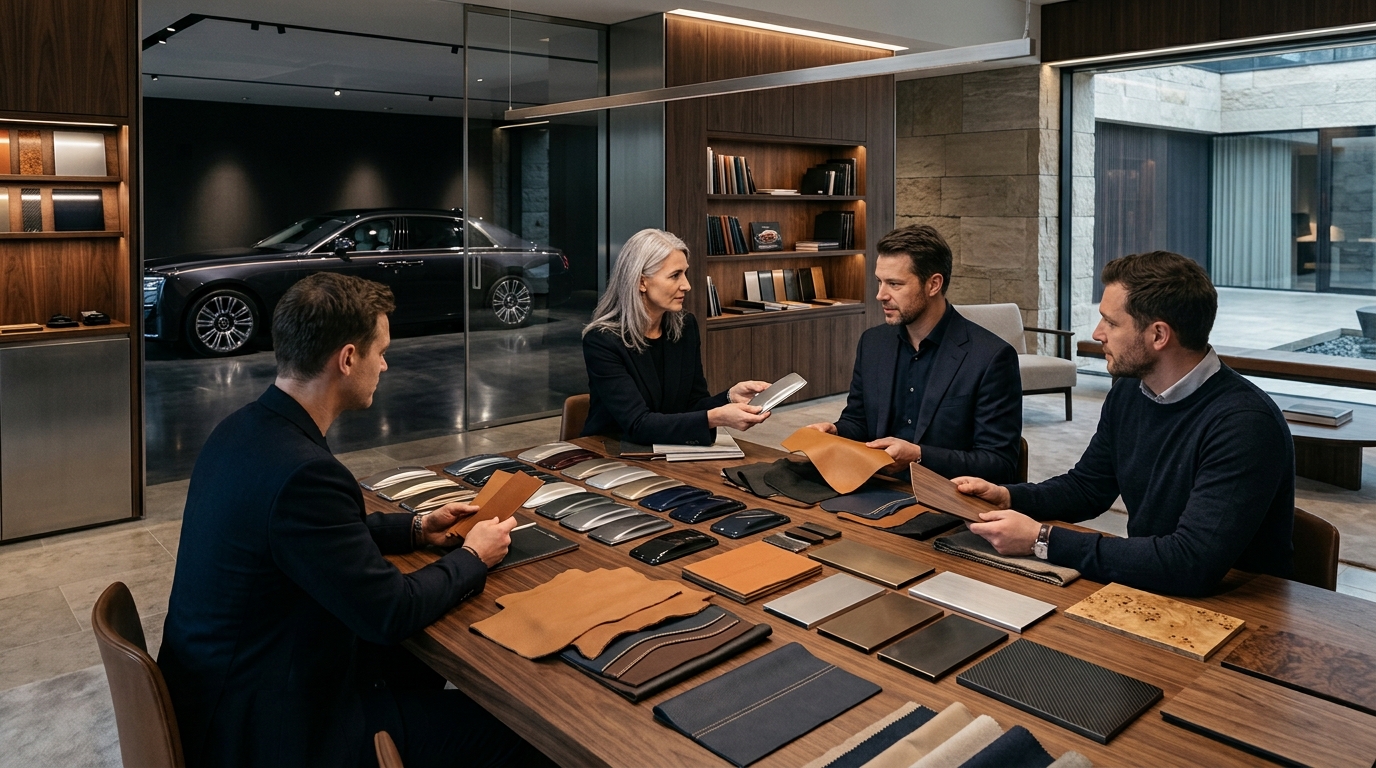 Luxury automotive bespoke commissioning suite with material samples