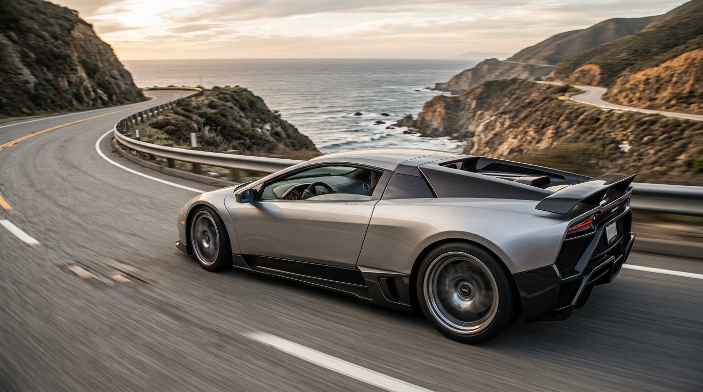 Open-top V12 roadster with manual transmission on a coastal driving road
